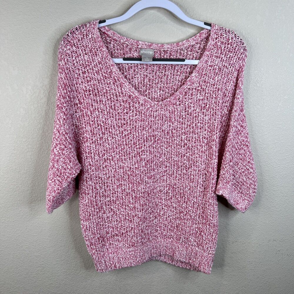 Chicos Woman’s Sweater Cotton Blend Pink White Sluggy Knit‎ Sz S Pullover V Neck